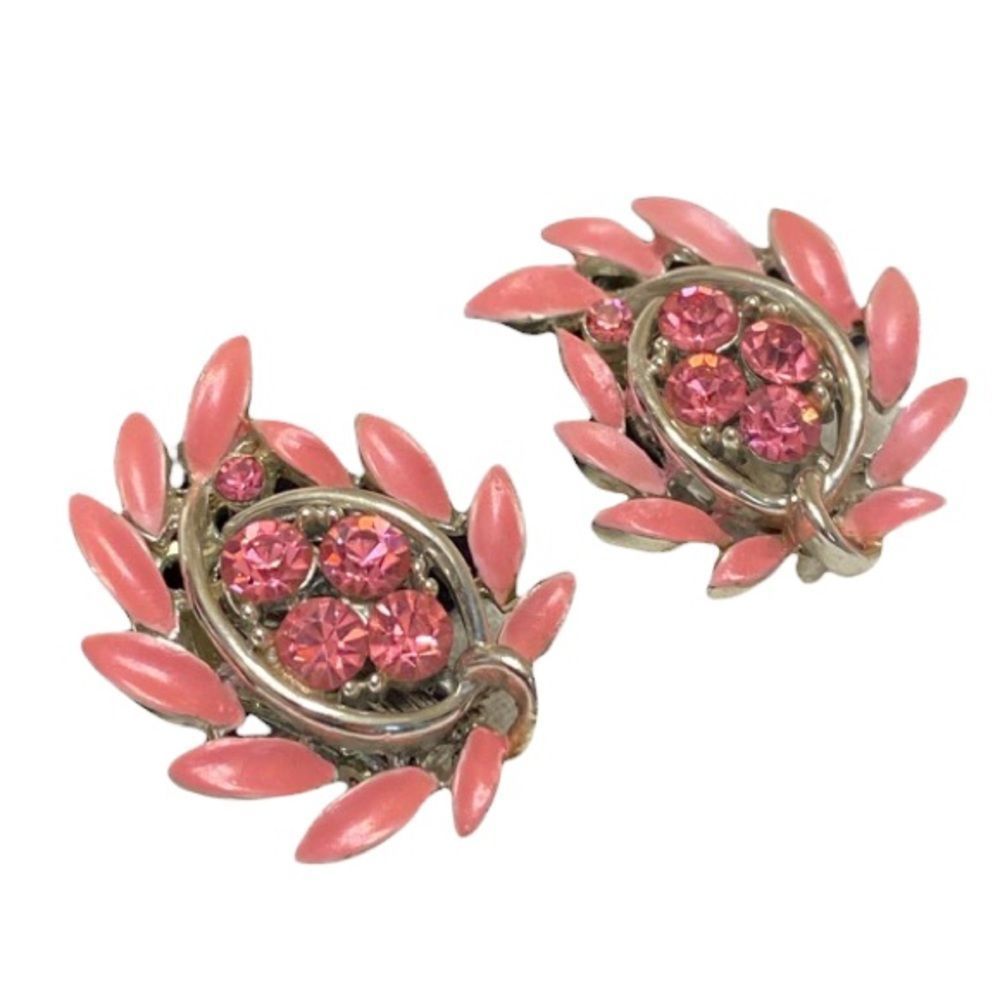 Vintage Lisner Pink Enamel And Rhinestone Clip On Earrings - Picture 4 of 13